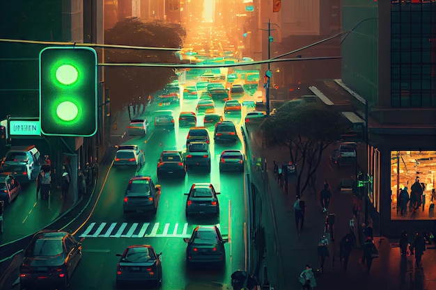 Zielone światło z widokiem na ruchliwą ulicę miasta otoczoną ruchliwym ruchem ulicznym