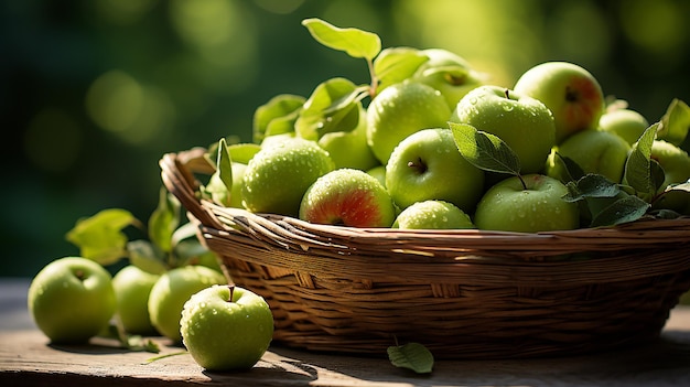 Zielone, świeże jabłka w wiklinowym koszu na starym drewnianym stole w ogrodzie