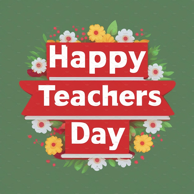 Zielone tło z kwiatami i czerwona wstążka z słowami Szczęśliwego Dnia Nauczycieli