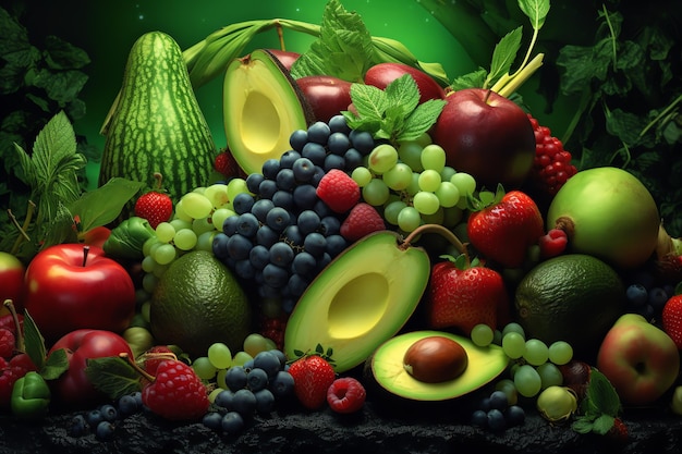 Zielone tło z owocami i warzywami.