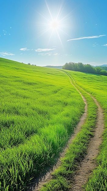 zielone trawiaste pole z brudną drogą i słońcem w stylu jasnego tła generowanego przez ai
