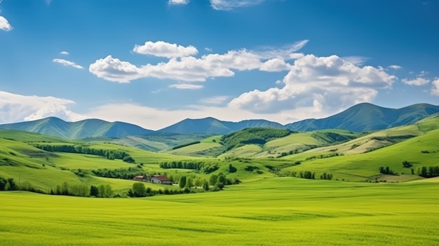 Zielone trawiaste pole z niebieskim niebem i wzgórzami na wsi w wiejskim krajobrazie Generuj sztuczną inteligencję