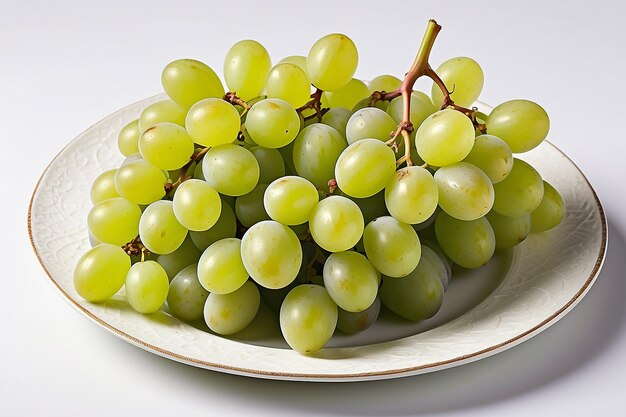Zielone winogrona na talerzu na białym tle