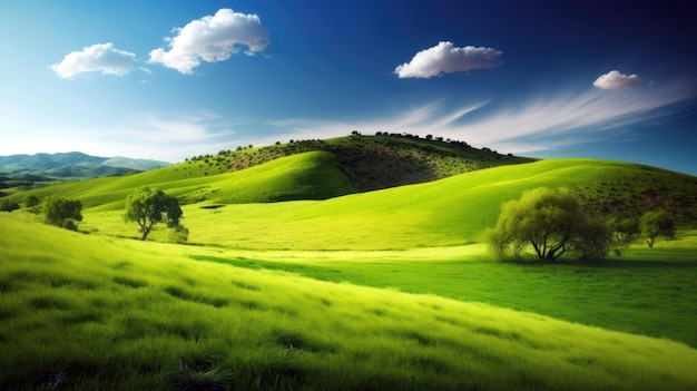 Zielone wzgórza i drzewo w polu