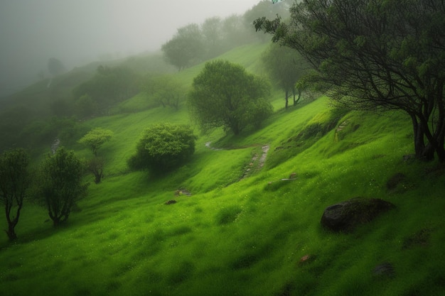 Zielone wzgórze ze ścieżką otoczoną drzewami.