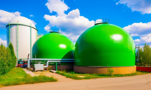 Zielone zbiorniki i biały w biogazowni Nowoczesna produkcja zielonej energii Lazurowe niebo z chmurami na tle Generative AI