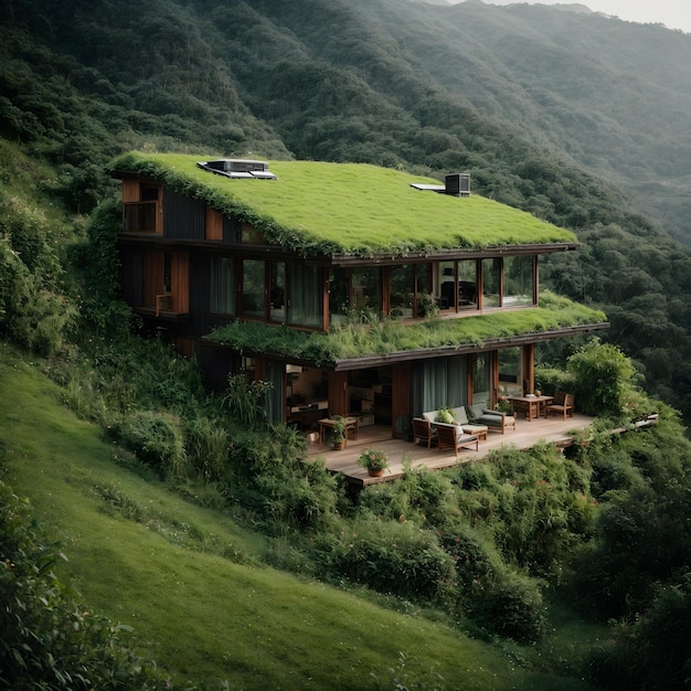 Zielone życie Dom z zielonym dachem i otoczeniem