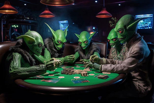 Zieloni kosmici grający w pokera w generatywnej ilustracji kasyna kosmicznej galaktyki ai