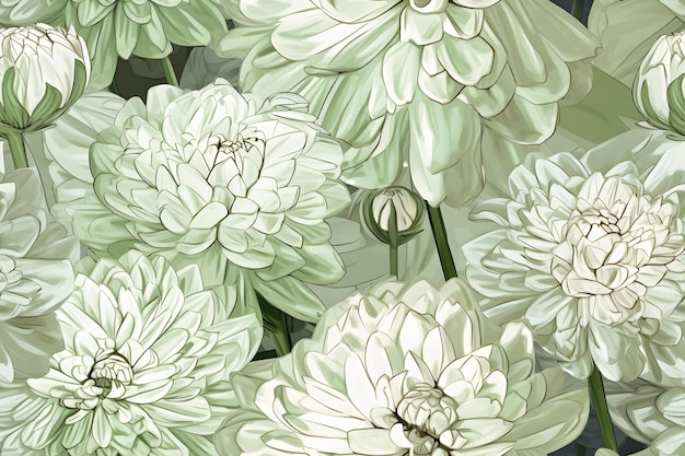 Zielono-biała tapeta kwiatowa ze słowem chryzantema.