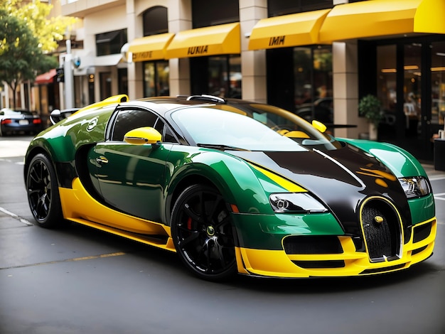Zielono-czarny Bugatti Veyron z czarną i żółtą farbą wygenerowaną przez sztuczną inteligencję