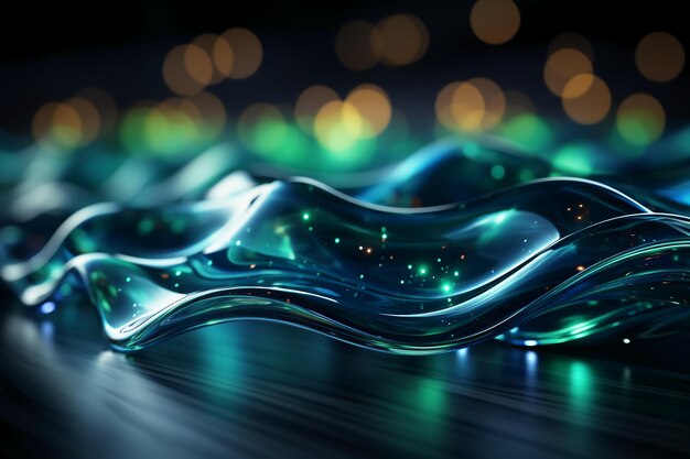 Zdjęcie zielono-niebieski świecący neon poruszający się szybkimi liniami falowymi i światłami bokeh ai generatywne