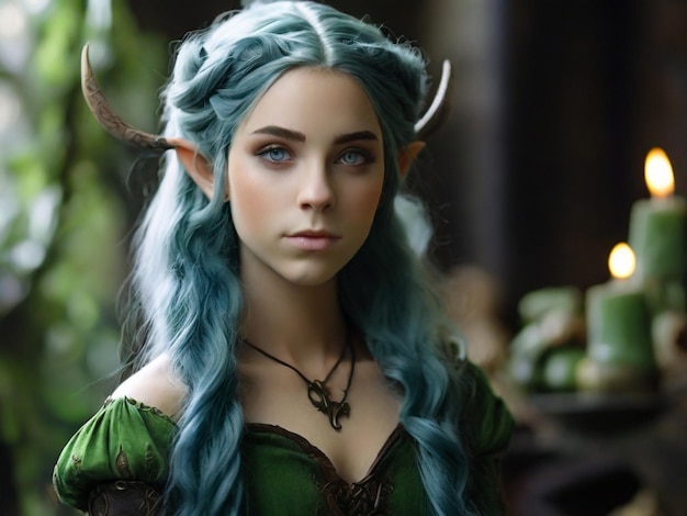 Zielono włosy elf z niebieskimi oczami