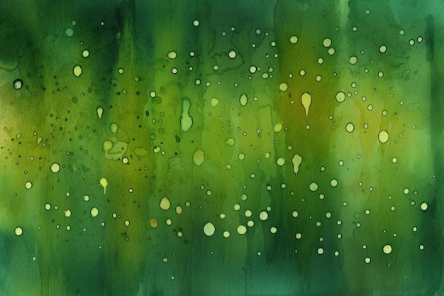 Zielono-żółta akwarela przedstawiająca kropelki wody na zielonym tle.