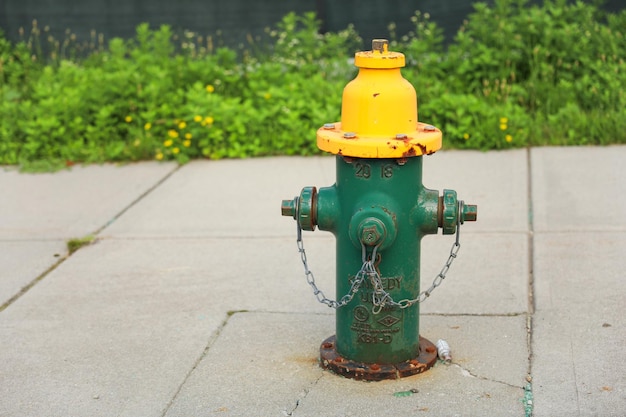 Zielono-żółty hydrant z łańcuchem