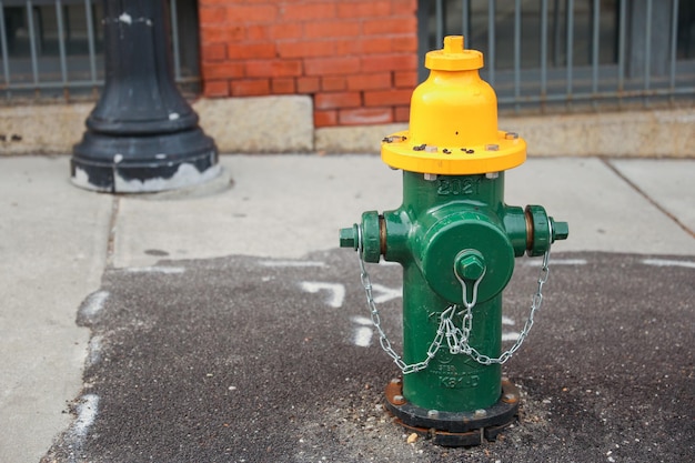 Zielono-żółty hydrant z żółtą górą.