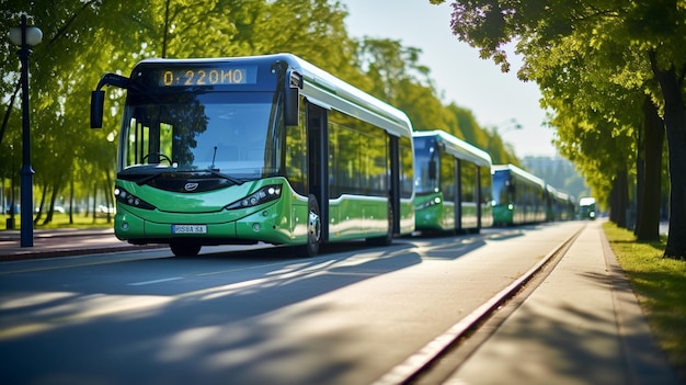 Zielony autobus na drodze w mieście Koncepcja transportu miejskiego