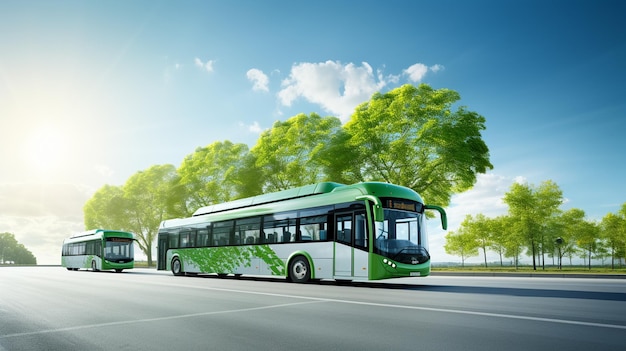 Zielony autobus na drodze w mieście Koncepcja transportu miejskiego