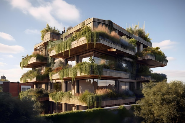 Zielony budynek to zielony budynek z balkonem, na którym rosną rośliny.
