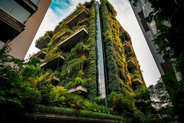 Zielony budynek to zielony budynek z pionowym ogrodem z boku.