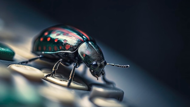 Zielony chrząszcz z czerwonymi kropkami na grzbiecie siedzi na metalowym przedmiocie.