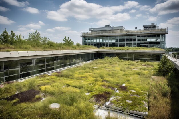 Zielony dach z panelami słonecznymi dostarczającymi energię do budynku stworzonego za pomocą generatywnej sztucznej inteligencji