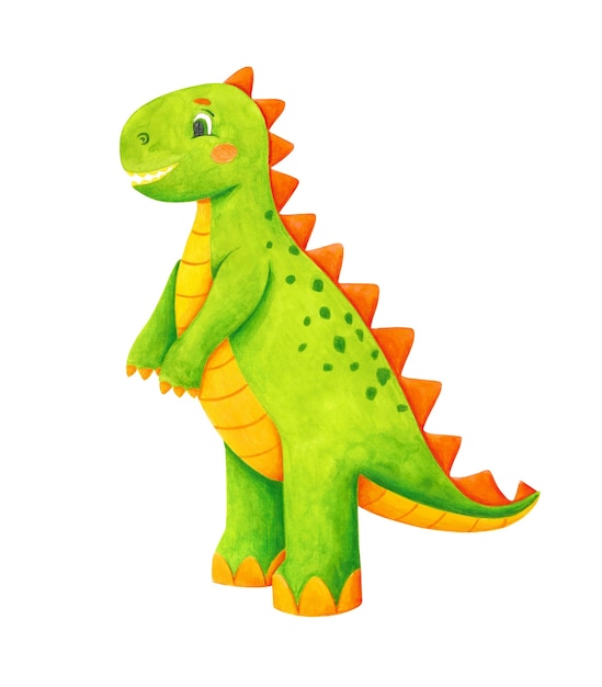 Zielony dinozaur clipart na białym tle. Ilustracja akwarela ładny tyranozaura.