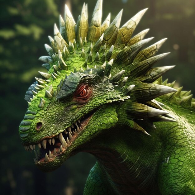 Zdjęcie zielony dinozaur z dużą głową i czerwonym okiem.
