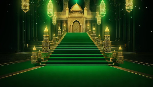 Zielony dywan Scena Bollywood Zielone kroki Światło punktowe Tło rozdania nagród Golden Regal Generative ai