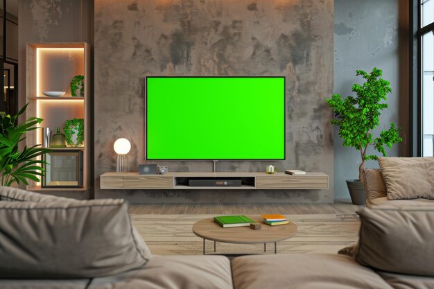 Zdjęcie zielony ekran telewizor na ścianie w salonie z dekoracją roślinną