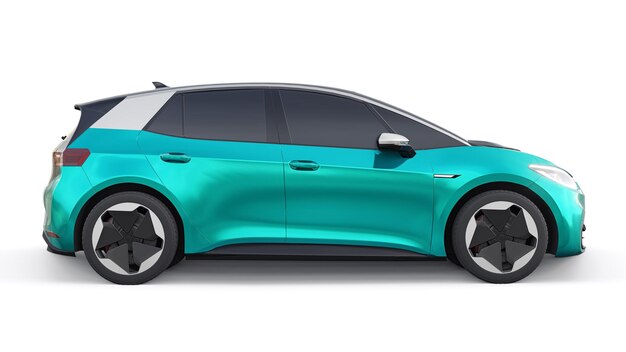 Zielony elektryczny miejski hatchback nowej generacji z ilustracją 3d o rozszerzonym zasięgu