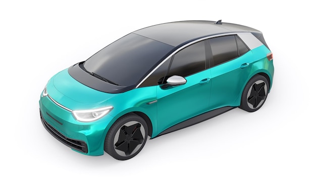 Zielony elektryczny miejski hatchback nowej generacji z ilustracją 3d o rozszerzonym zasięgu