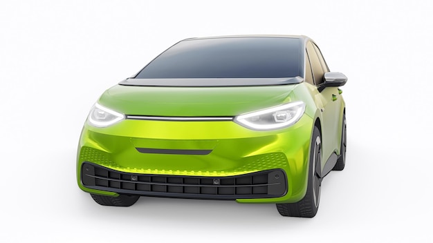 Zielony elektryczny miejski hatchback nowej generacji z ilustracją 3d o rozszerzonym zasięgu