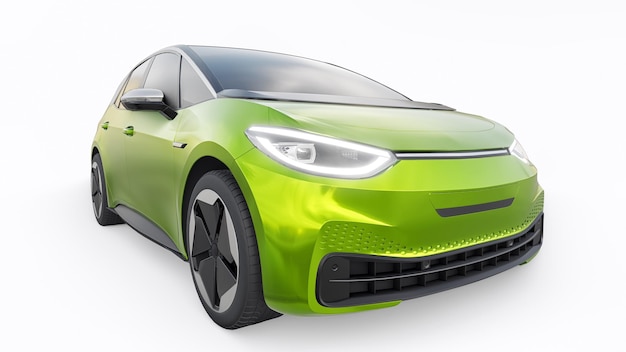 Zielony elektryczny miejski hatchback nowej generacji z ilustracją 3d o rozszerzonym zasięgu