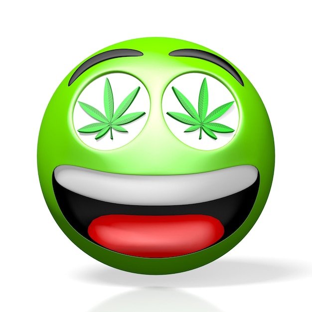 Zielony emoji z liśćmi marihuany w oczach
