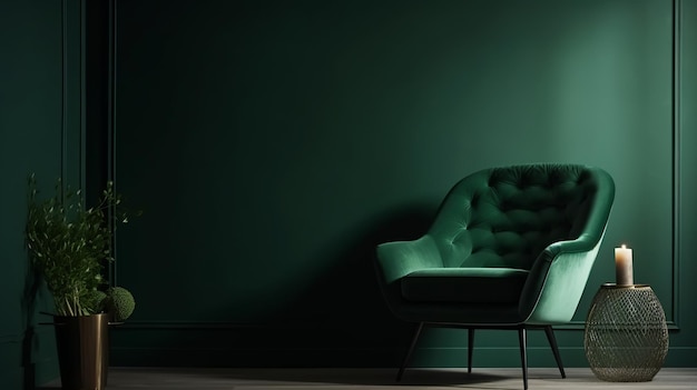 Zielony fotel na ciemnozielonym tle ściany AI Generation