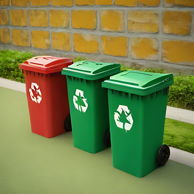 zielony i czerwony pojemnik do recyklingu z czarnym wózką w środku