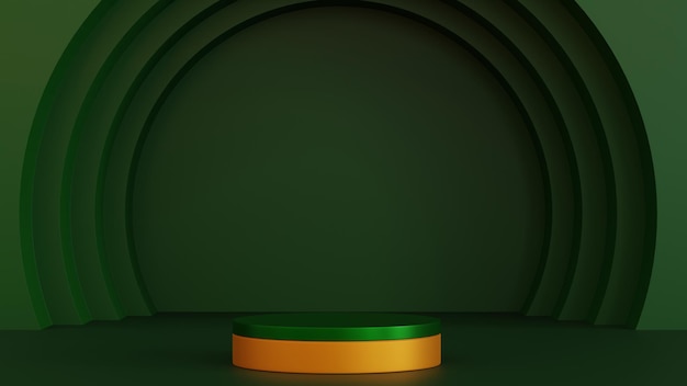 Zielony i żółty podium w kształcie cylindra ze sceną niszy ściennej w zielonym kółku do renderowania 3D produktu