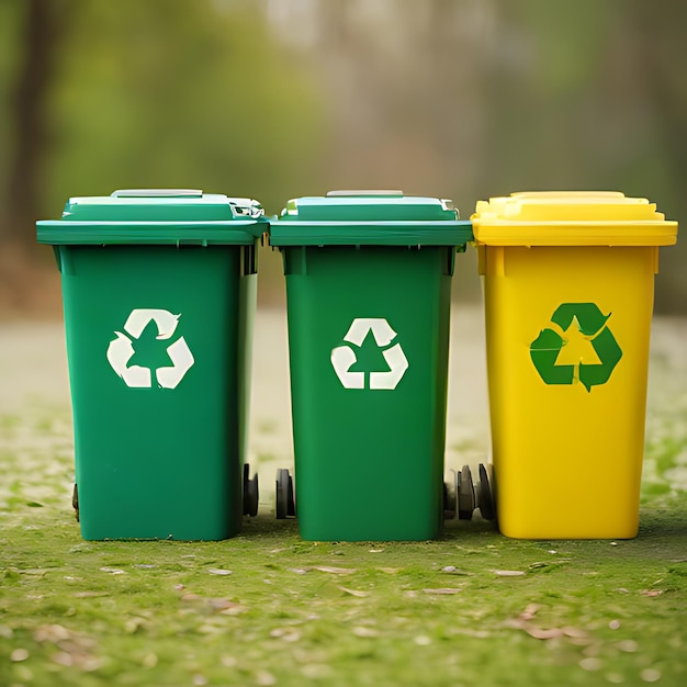 zielony i żółty pojemnik do recyklingu z logo recyklingu