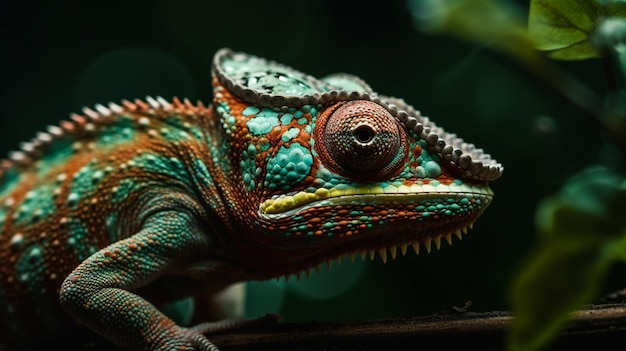 Zielony kameleon z czerwonym okiem i zieloną głową.