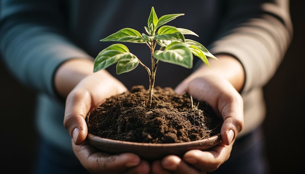 Zielony kciuk Osoba pielęgnująca małą roślinę w misce z glebą wzmocnioną przez generatywną sztuczną inteligencję