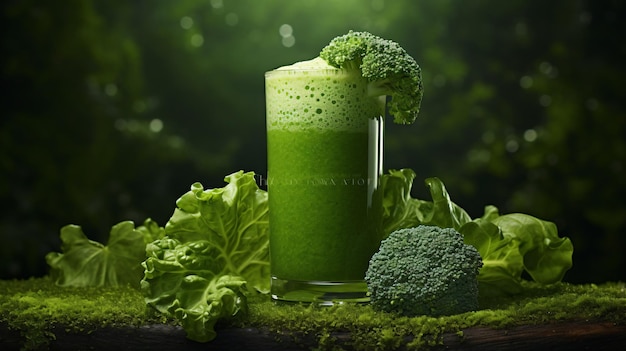 Zielony koktajl w wysokiej szklance otoczony brokułami