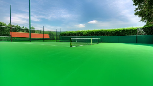 Zielony kort tenisowy z błękitnym niebem w tle.