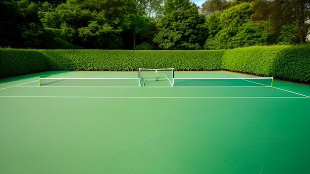 Zielony kort tenisowy z siatką z boku i żywopłotem w tle.