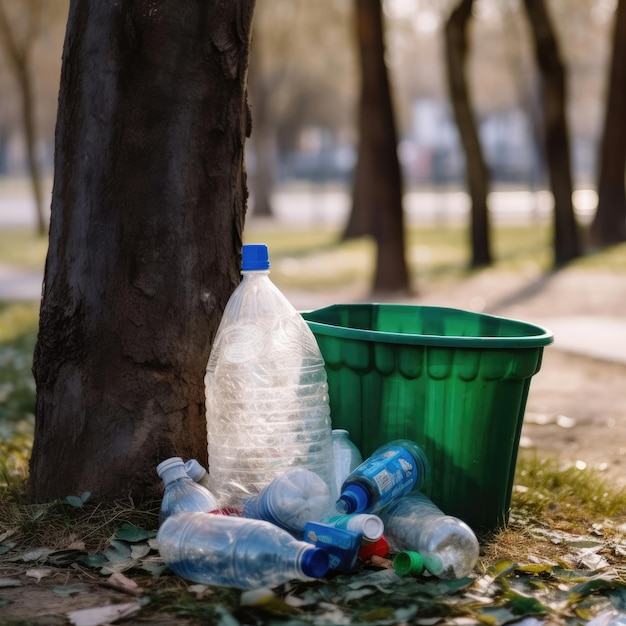 Zielony kosz na śmieci z niebieską nakrętką stoi obok zielonego kosza na śmieci.