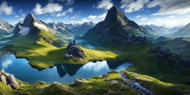 Zielony krajobraz górski z jeziorem i górami w tle