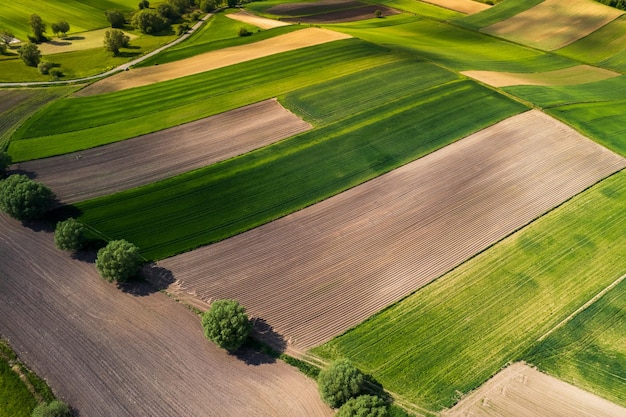 Zielony krajobraz wsi na wiosnę dron z lotu ptaka Polska Farmlands
