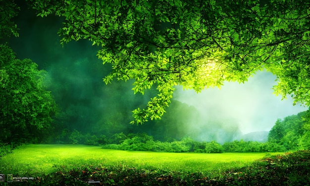 Zdjęcie zielony krajobraz z drzewem i zielonym napisem na dole