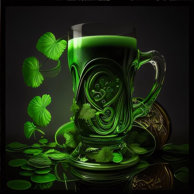 Zielony kubek piwa i zielone liście wokół Zielony kolor symbol Dnia św. Patryka