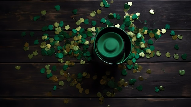 Zielony kubek z zielonym wieczkiem, na którym widnieje napis Leprechaun