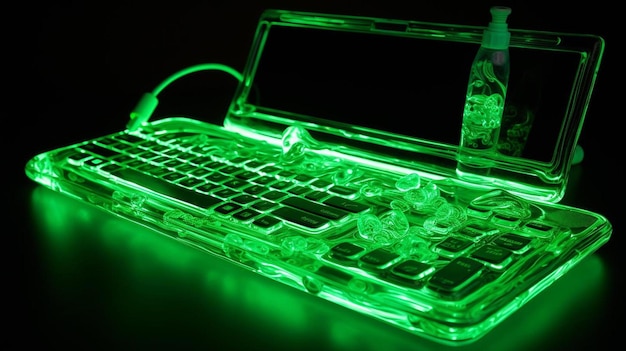 Zielony laptop z zieloną diodą LED